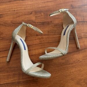 Stuart Weitzman Nudistcurve 75 Gold Glitter Sandals Heels Women's Size 6.5